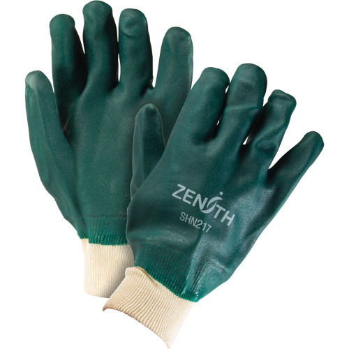 Double Dipped Green Gloves, 10" L, PVC, Cotton Jersey Inner Lining, 70-mil